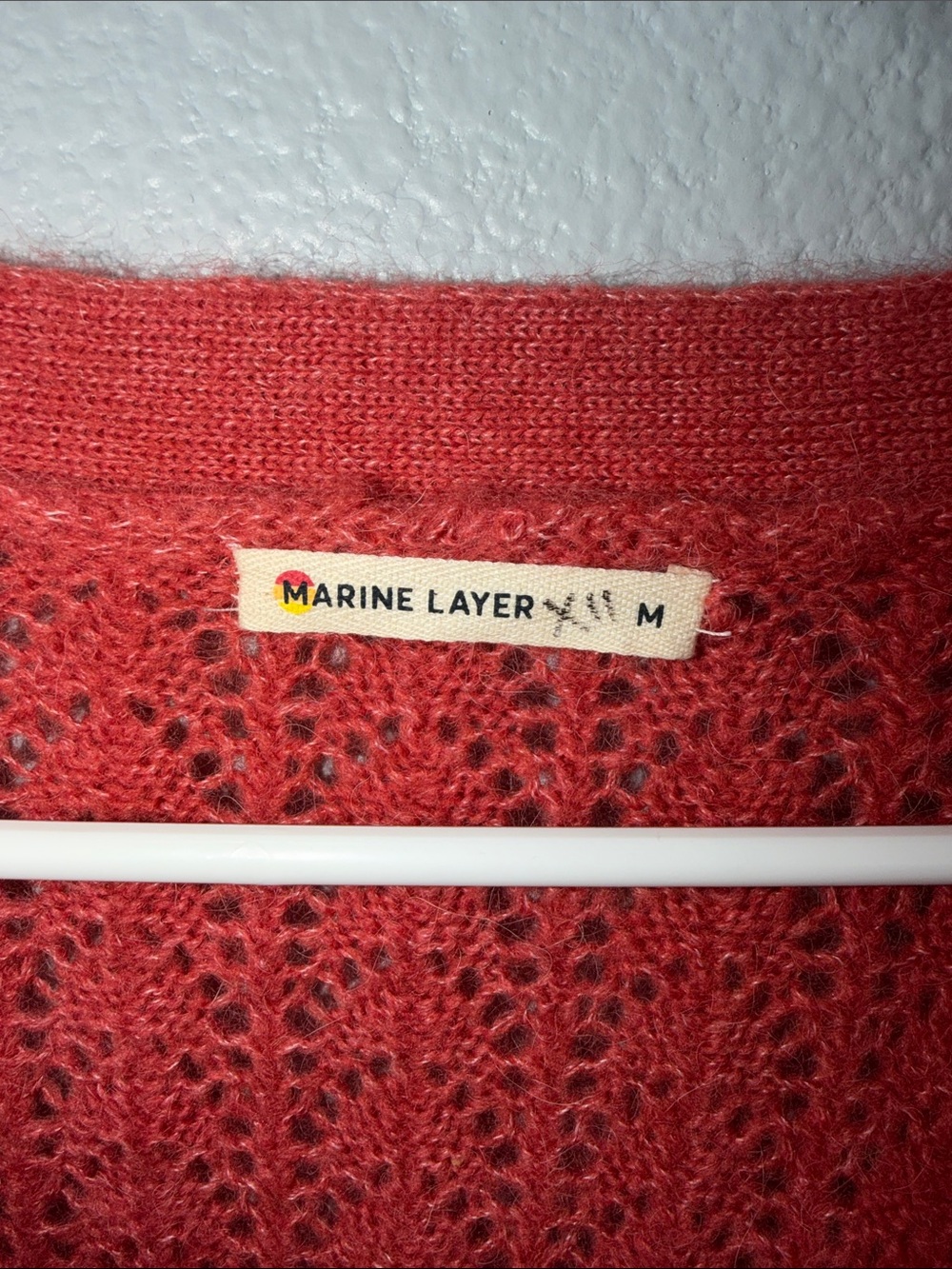 Marine Lauer Coral Red Open Knit V-Neck Sweater with Button Detail - Picture 2 of 11